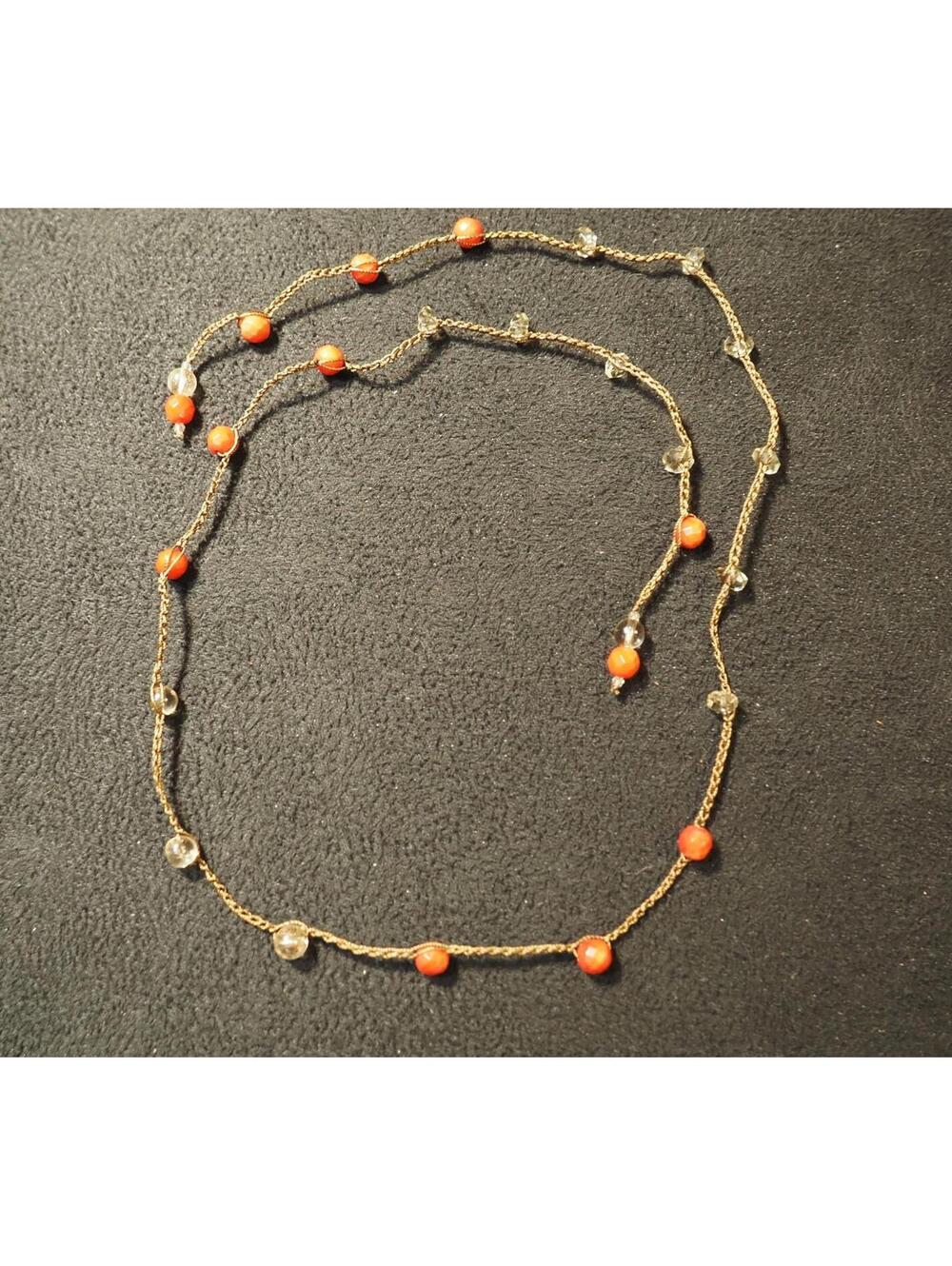 Vintage Handmade Coral and Clear Beaded Crochet Long Strand Necklace